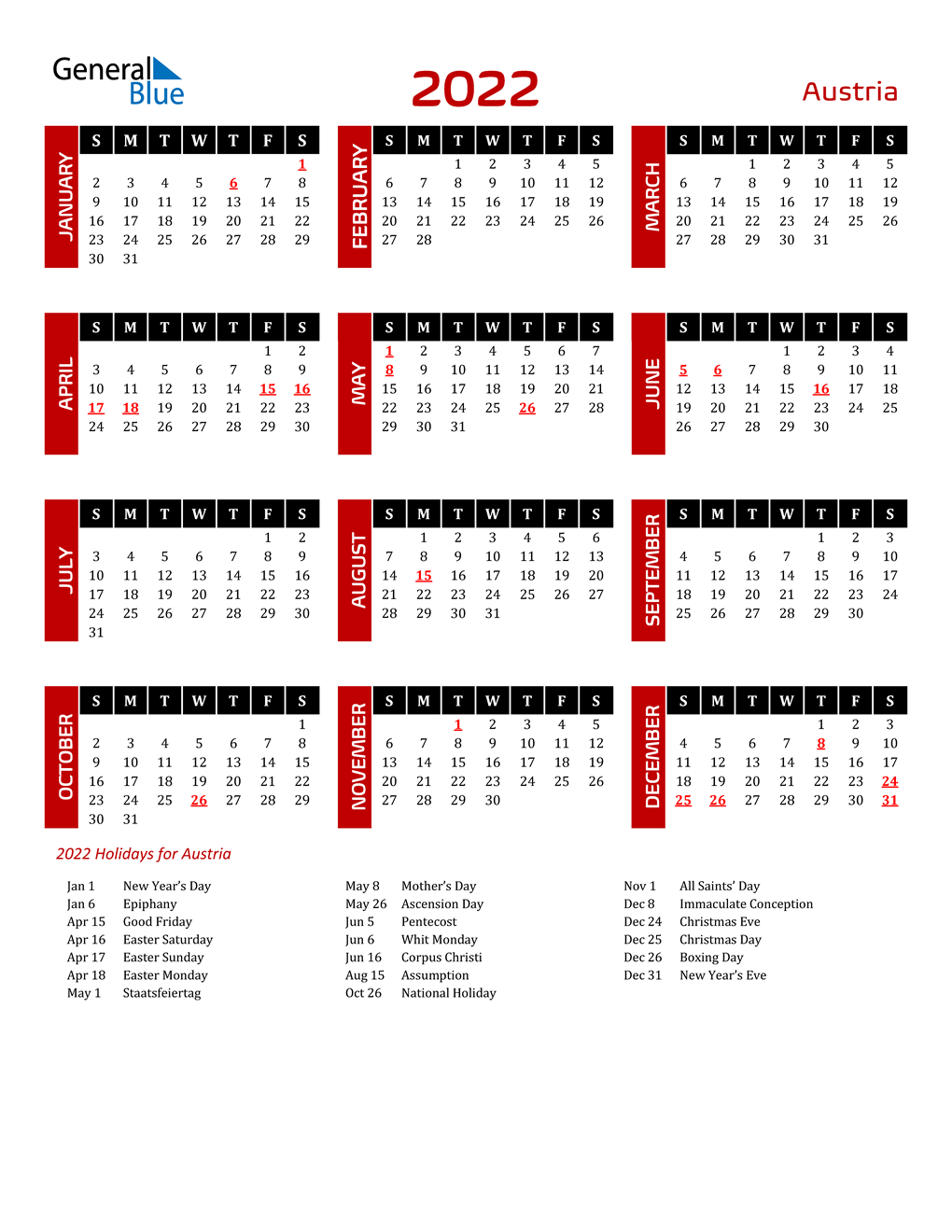 2022 Austria Calendar With Holidays