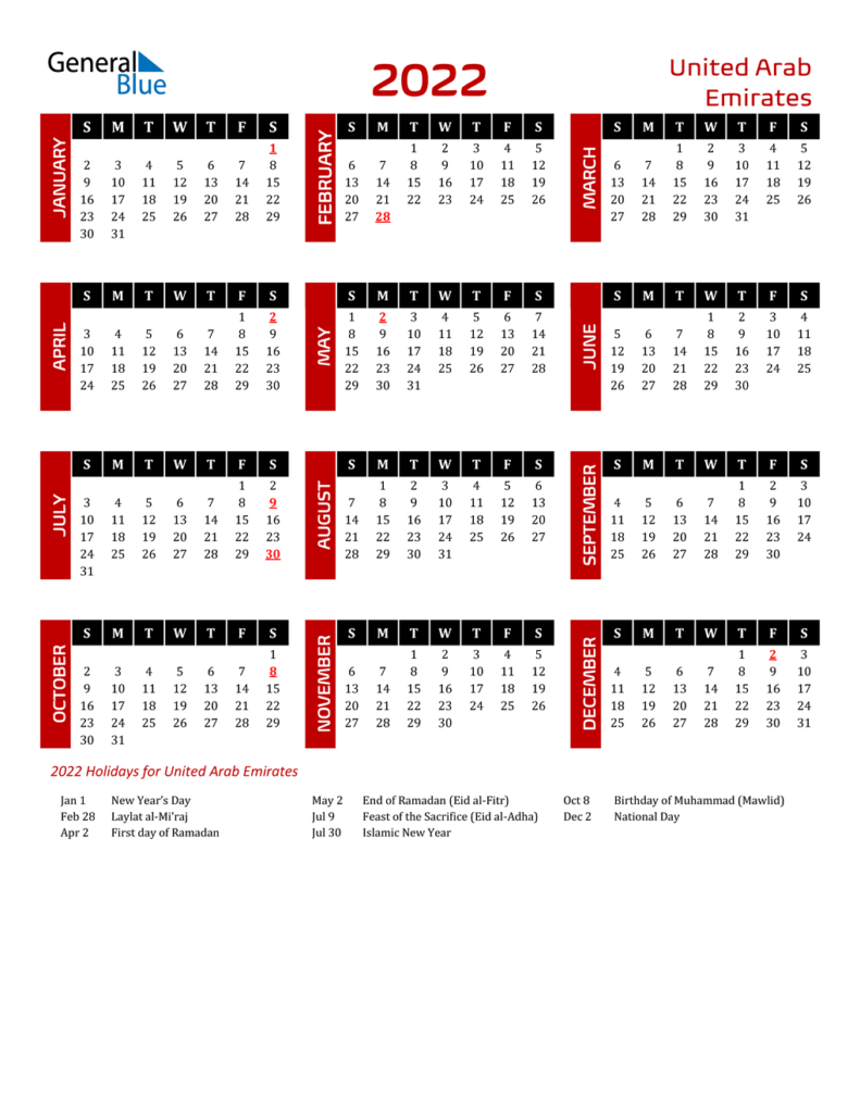 2022 United Arab Emirates Calendar With Holidays