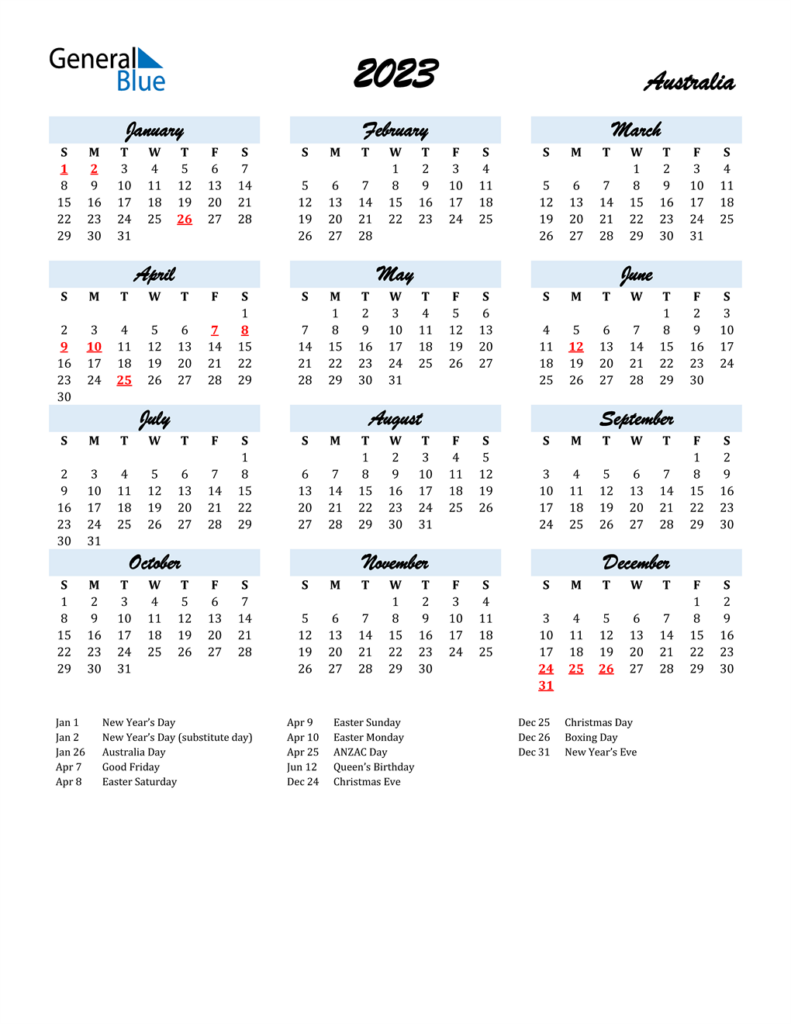 2023 Australia Calendar With Holidays