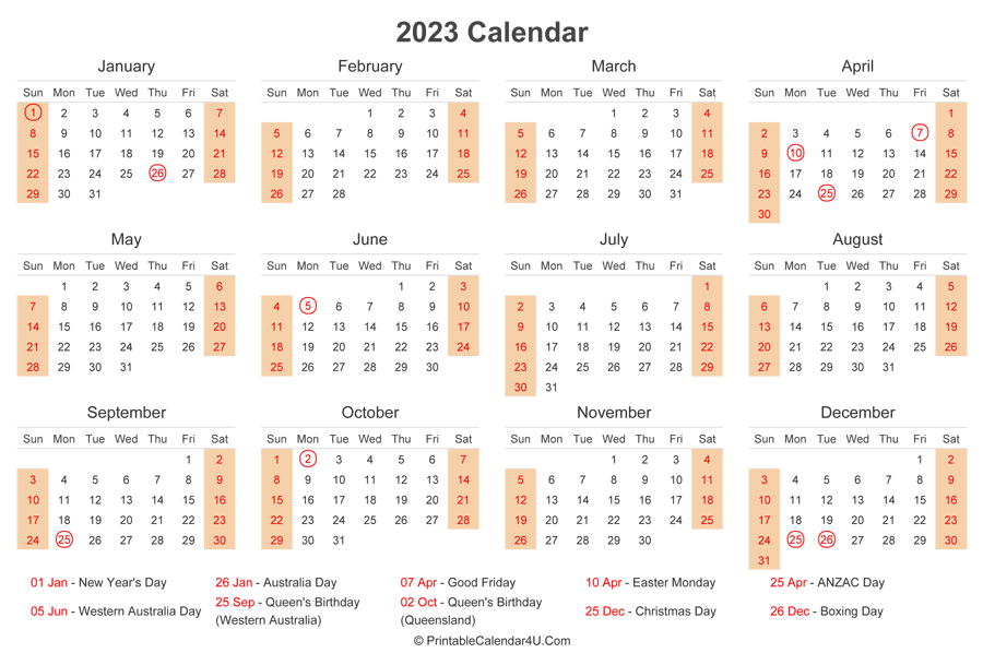 2023 Calendar With Australia Holidays At Bottom Landscape Layout 