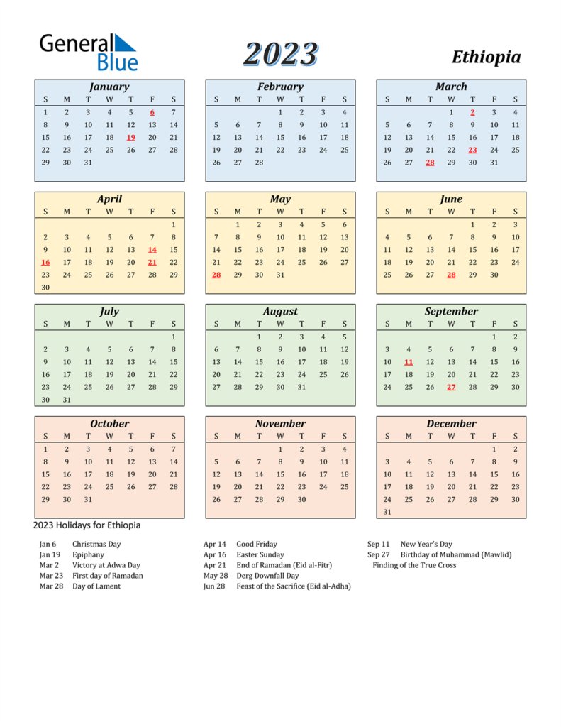 2023 Ethiopia Calendar With Holidays