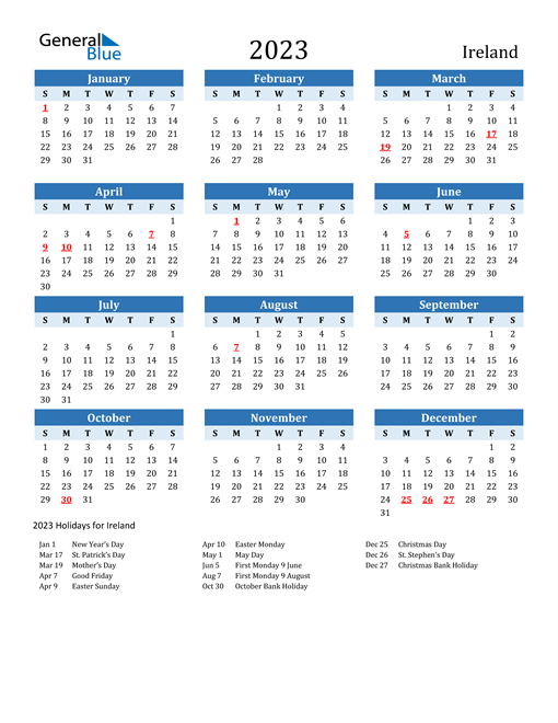 2023 Ireland Calendar With Holidays