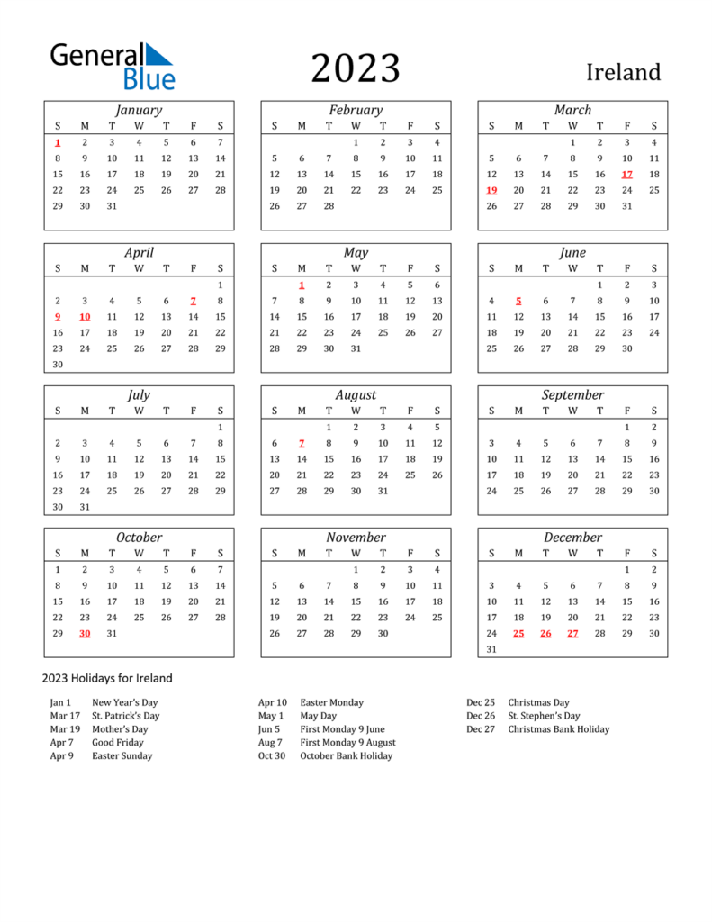 2023 Ireland Calendar With Holidays