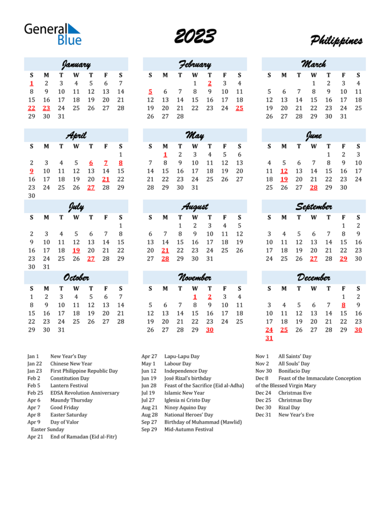 2023 Philippines Calendar With Holidays