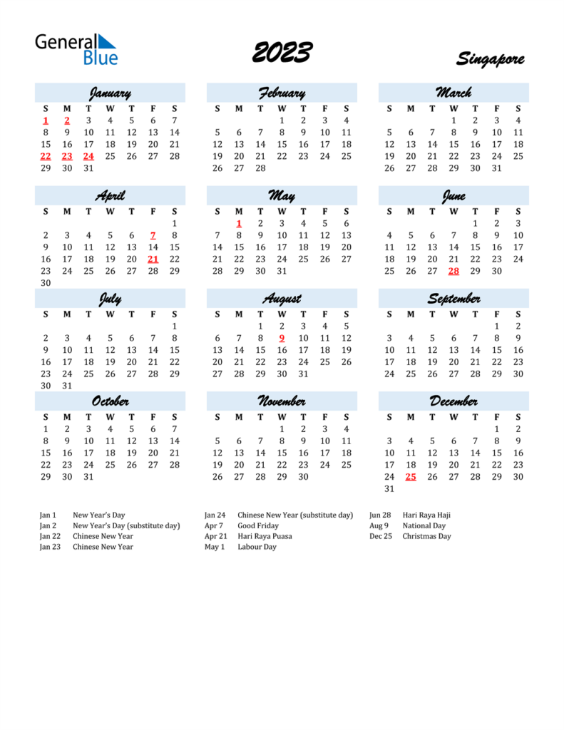 2023 Singapore Calendar With Holidays