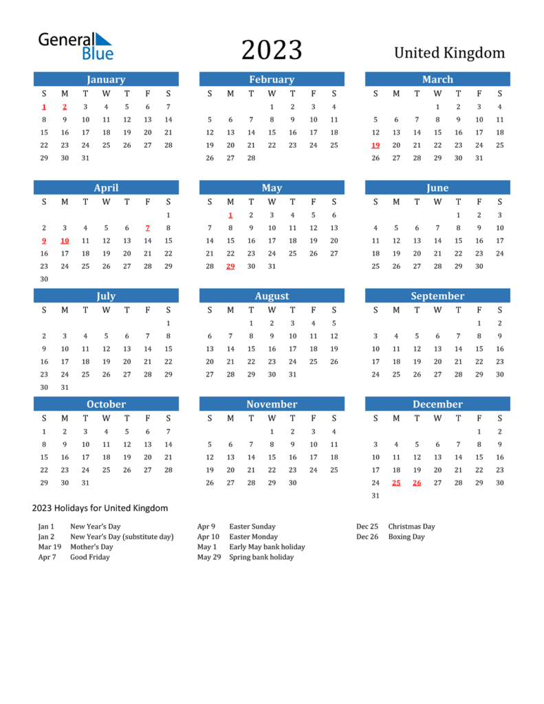 2023 United Kingdom Calendar With Holidays