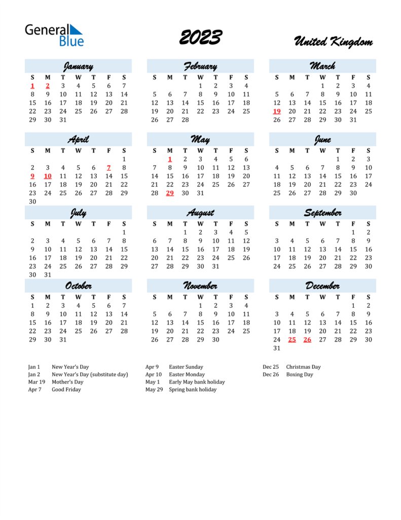 2023 United Kingdom Calendar With Holidays