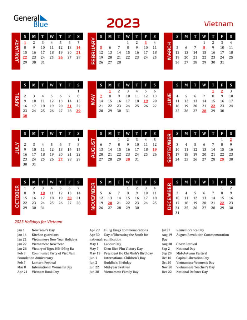 2023 Vietnam Calendar With Holidays