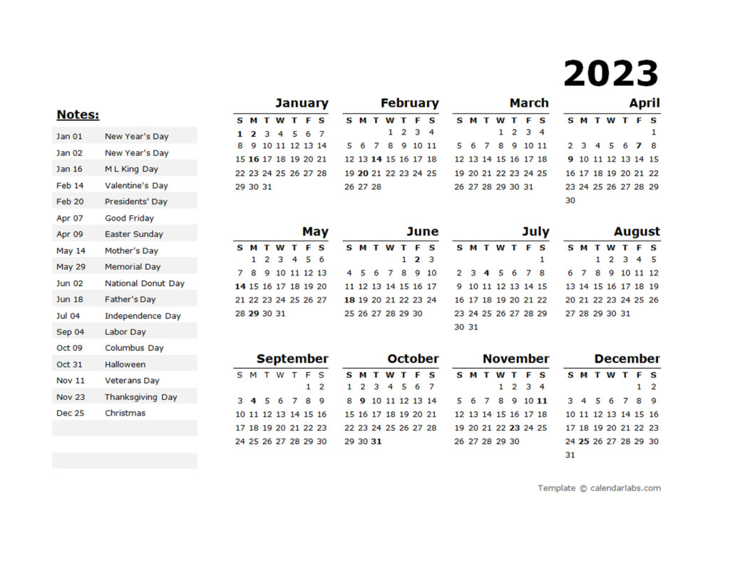 2023 Year Calendar Template With US Holidays Free Printable Templates