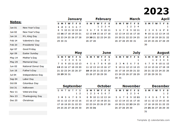 2023 Year Calendar Template With US Holidays Free Printable Templates