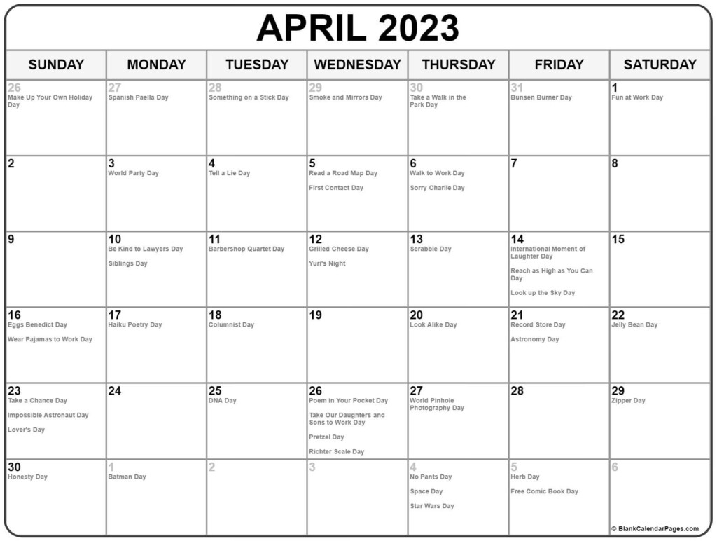 April 2023 With Holidays Calendar