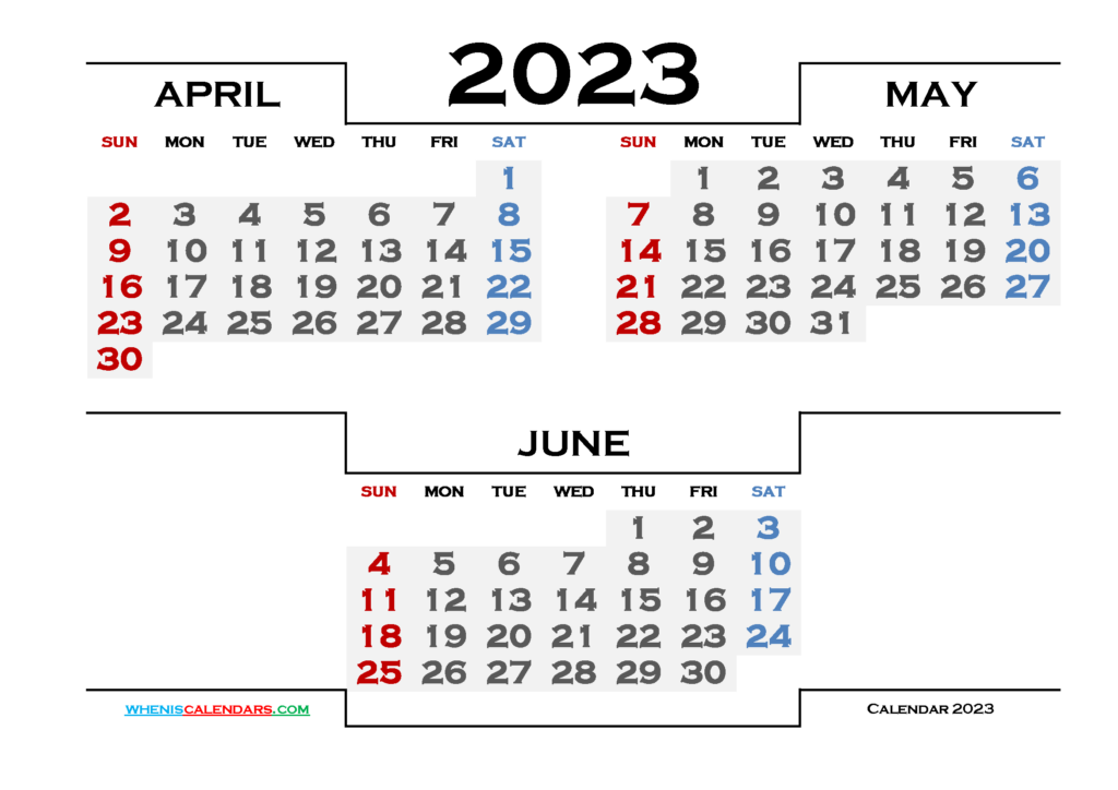 April May June 2023 Printable 3 Month Calendar