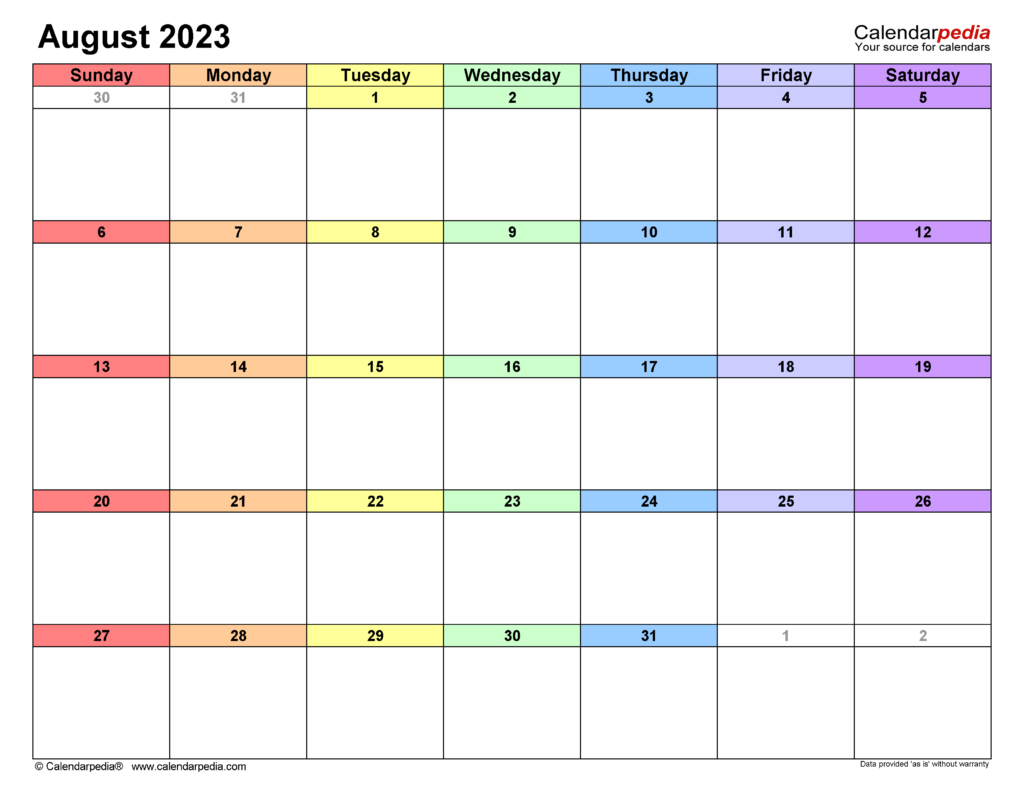 August 2023 Calendar Templates For Word Excel And PDF