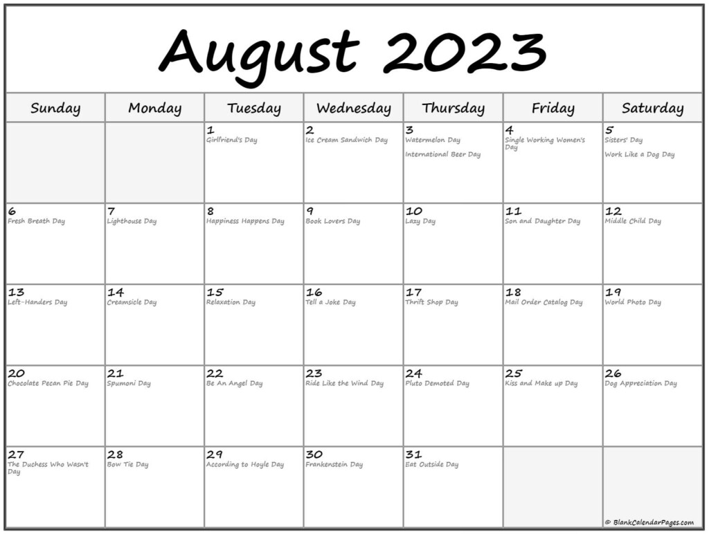 August 2023 With Holidays Calendar