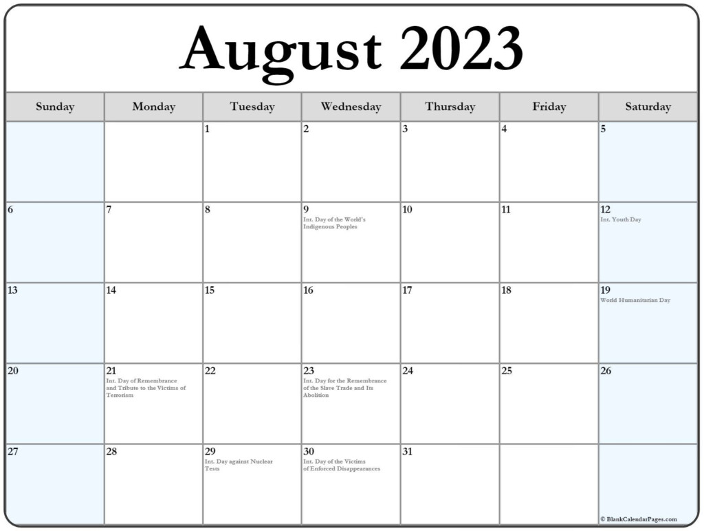 August 2023 With Holidays Calendar