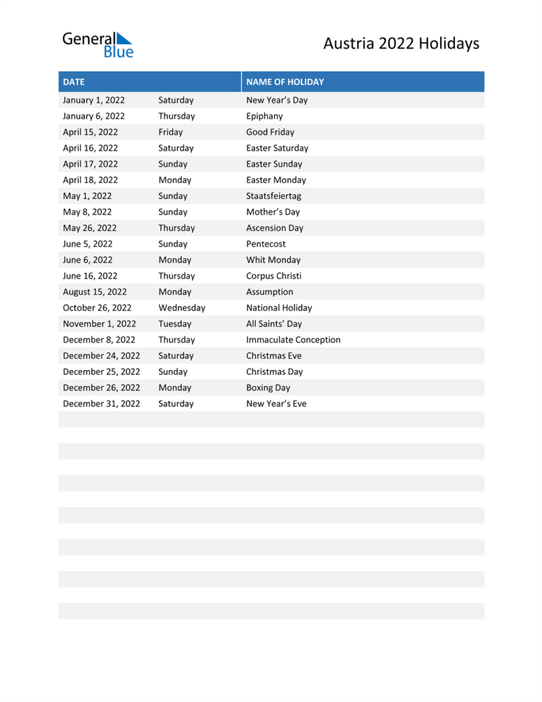 Austria Holidays 2022 In PDF Word And Excel