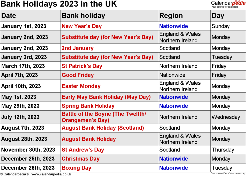 Bank Holidays 2023 In The UK With Printable Templates