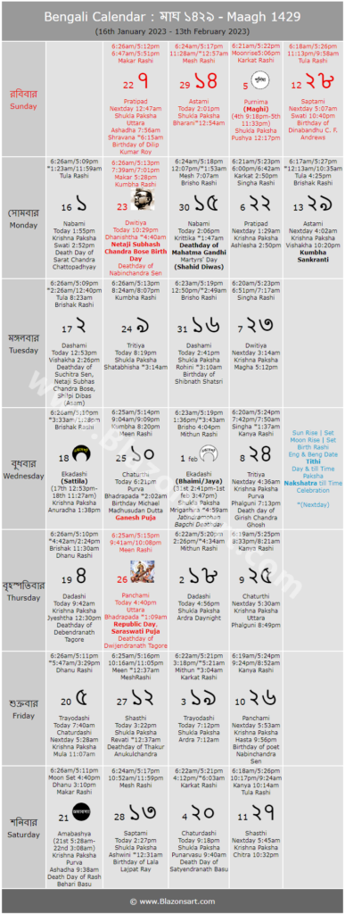 Bengali Calendar Maagh 1429 16th 