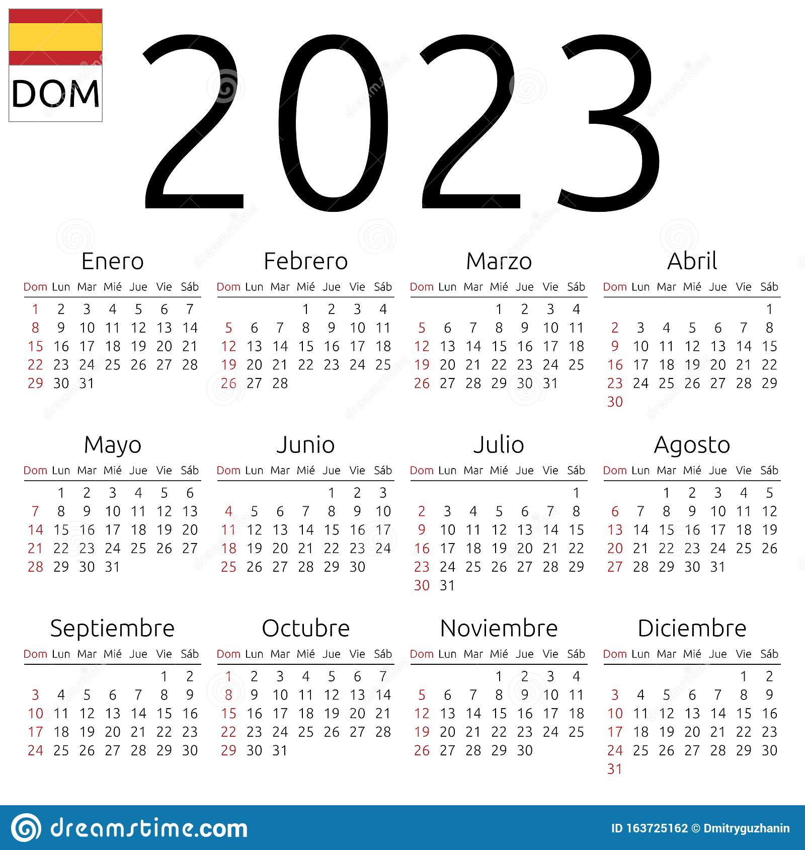 Calendar 2023 Spanish Sunday Stock Vector Illustration Of Number