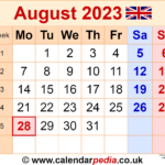 Calendar August 2023 UK With Excel Word And PDF Templates