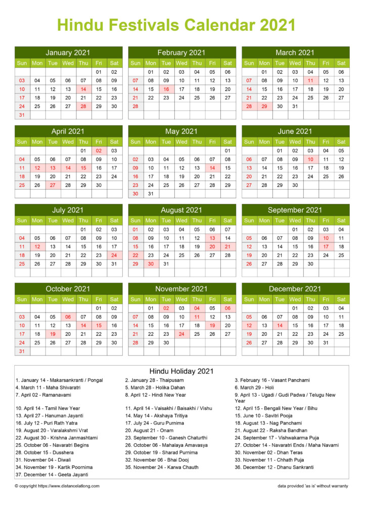 Calendar Horizintal Grid Sunday To Saturday Hindu Holiday A4 Natural 2021