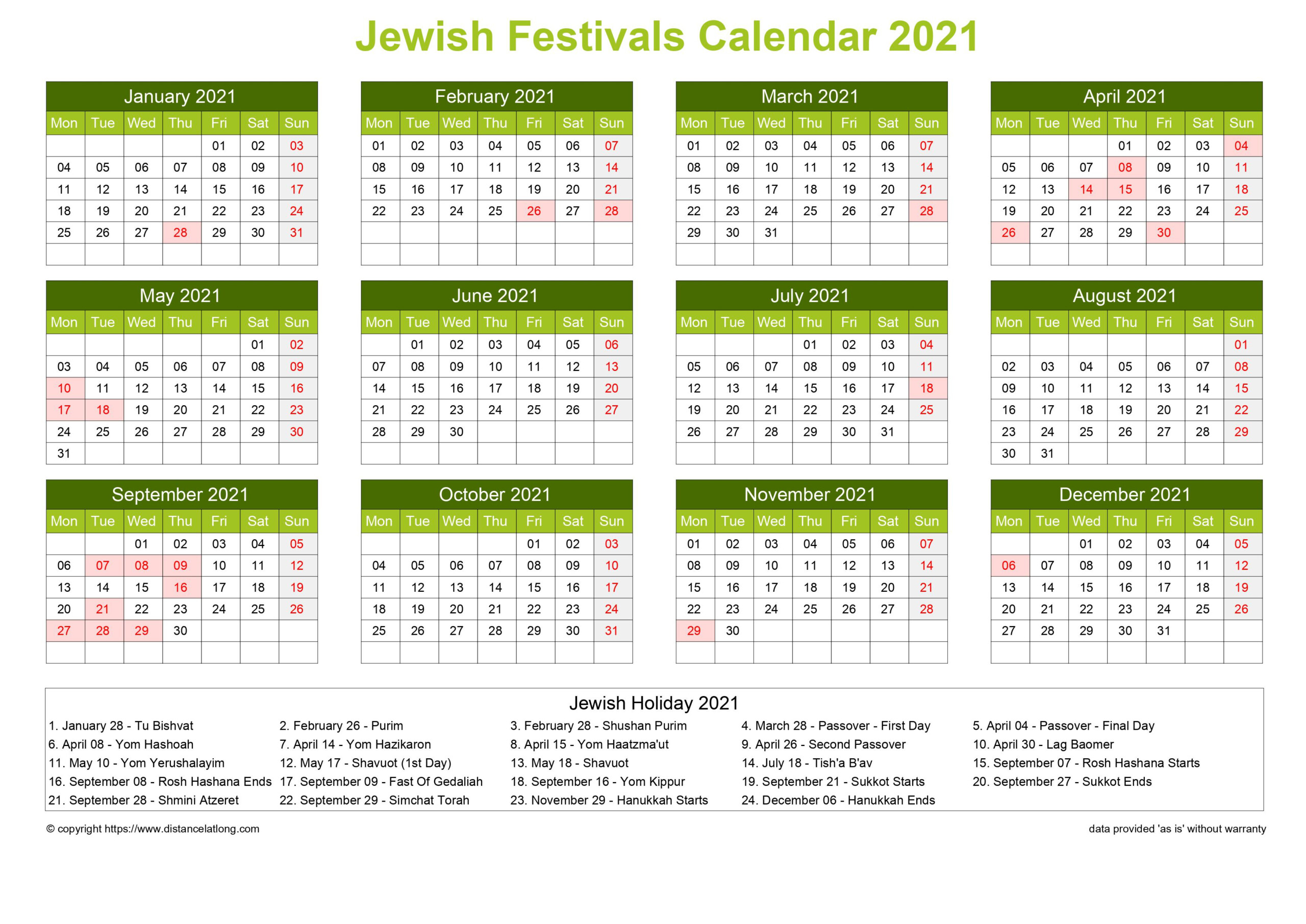Calendar Horizintal Grid Sunday To Saturday Jewish Holiday A4 Natural 2021