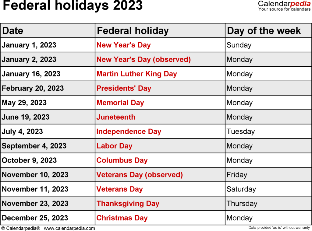 Calendar Year 2023 Federal Holidays Get Calendar 2023 Update