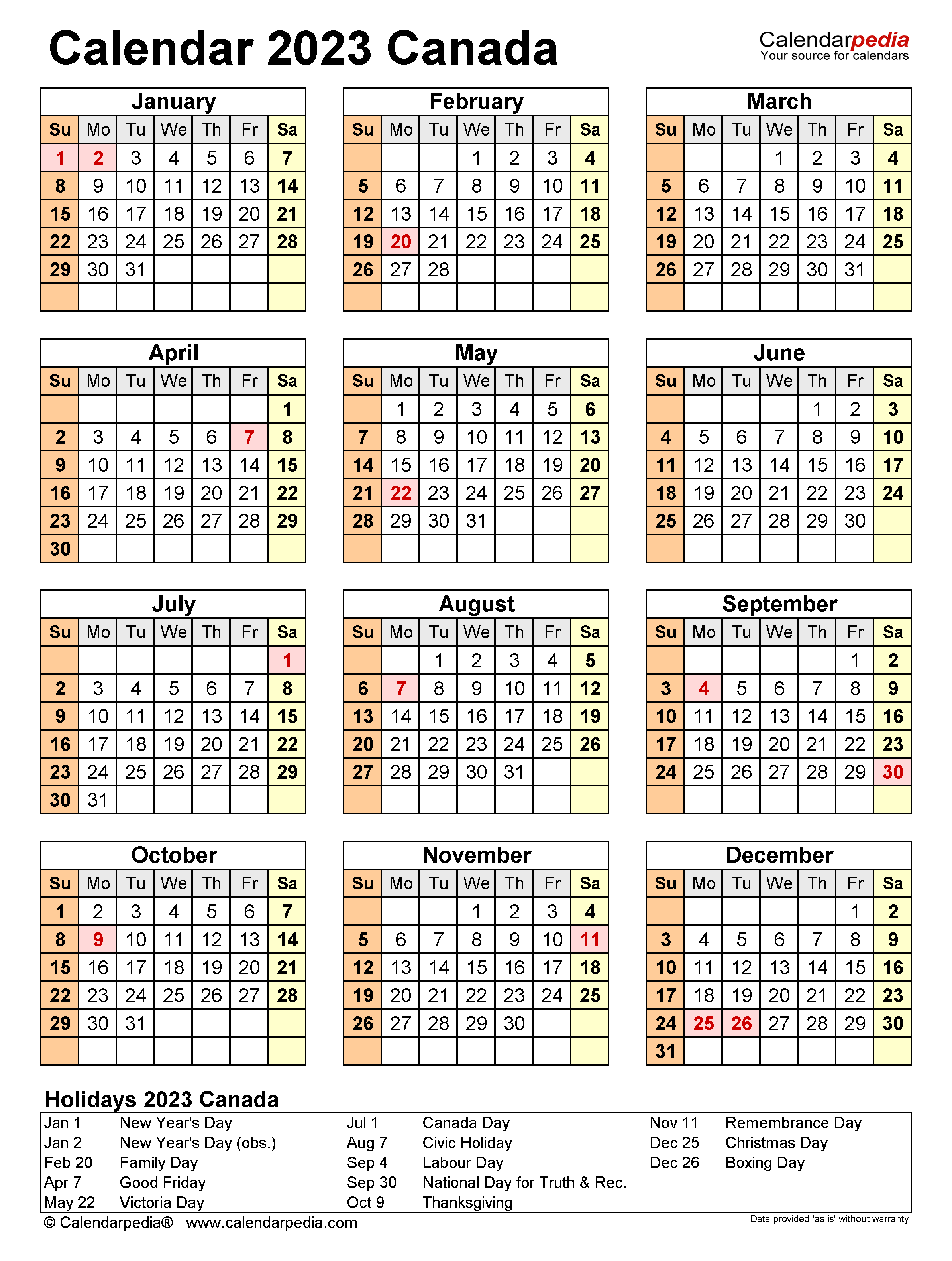 Canada Calendar 2023 Free Printable PDF Templates