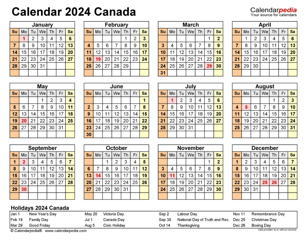 Canada Calendar 2024 Free Printable PDF Templates