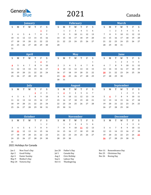 Canada Calendars With Holidays