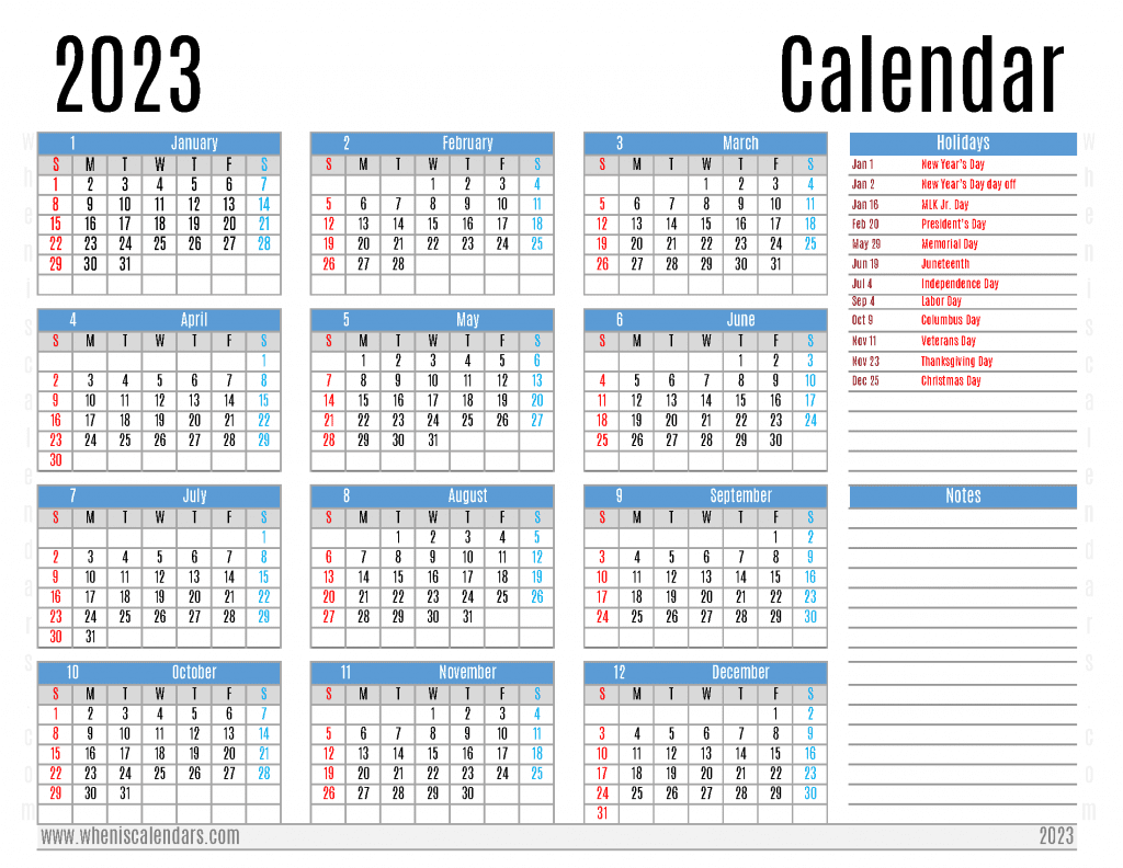 Download 2023 Yearly Calendar With Holidays PDF Font Antonio 