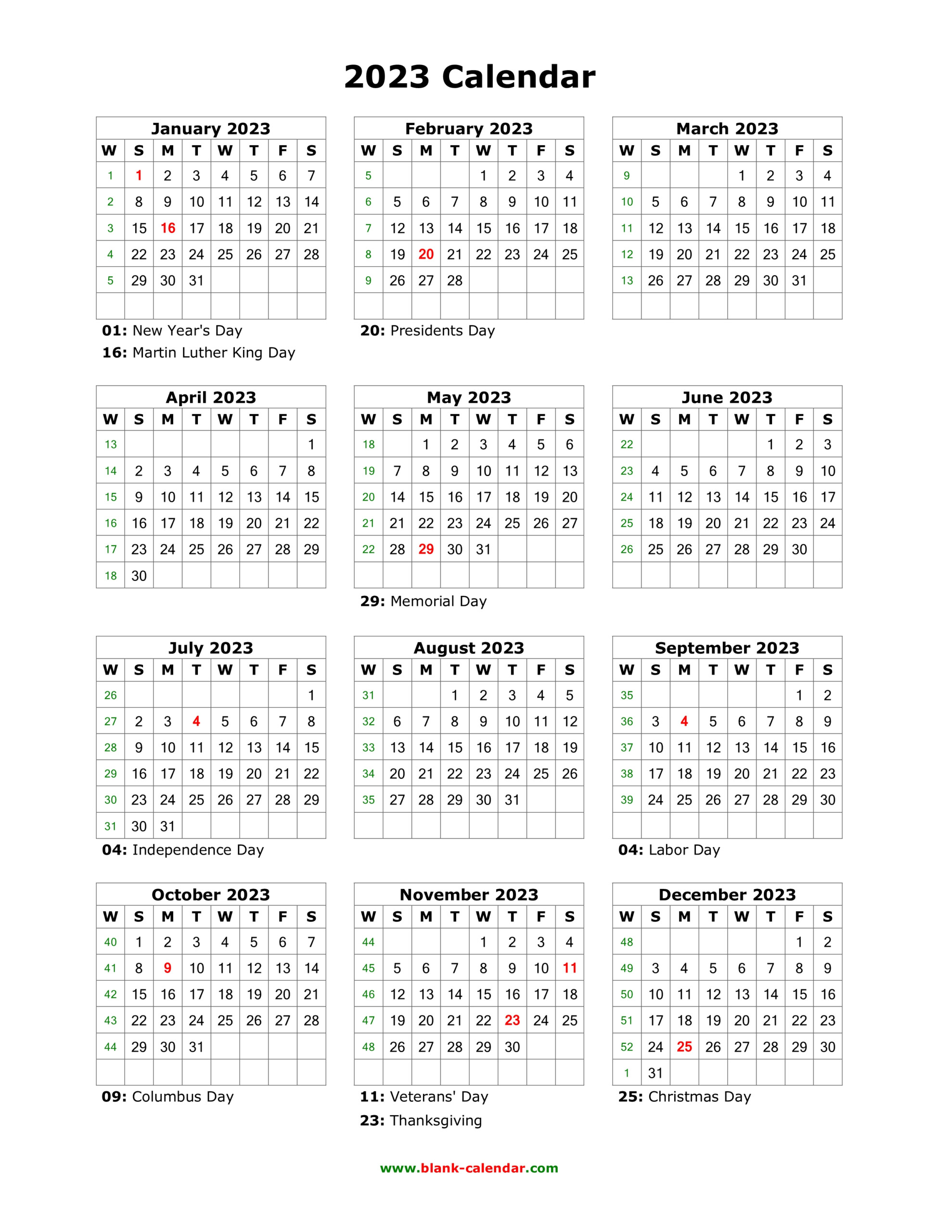 Download Blank Calendar 2023 With US Holidays 12 Months On One Page