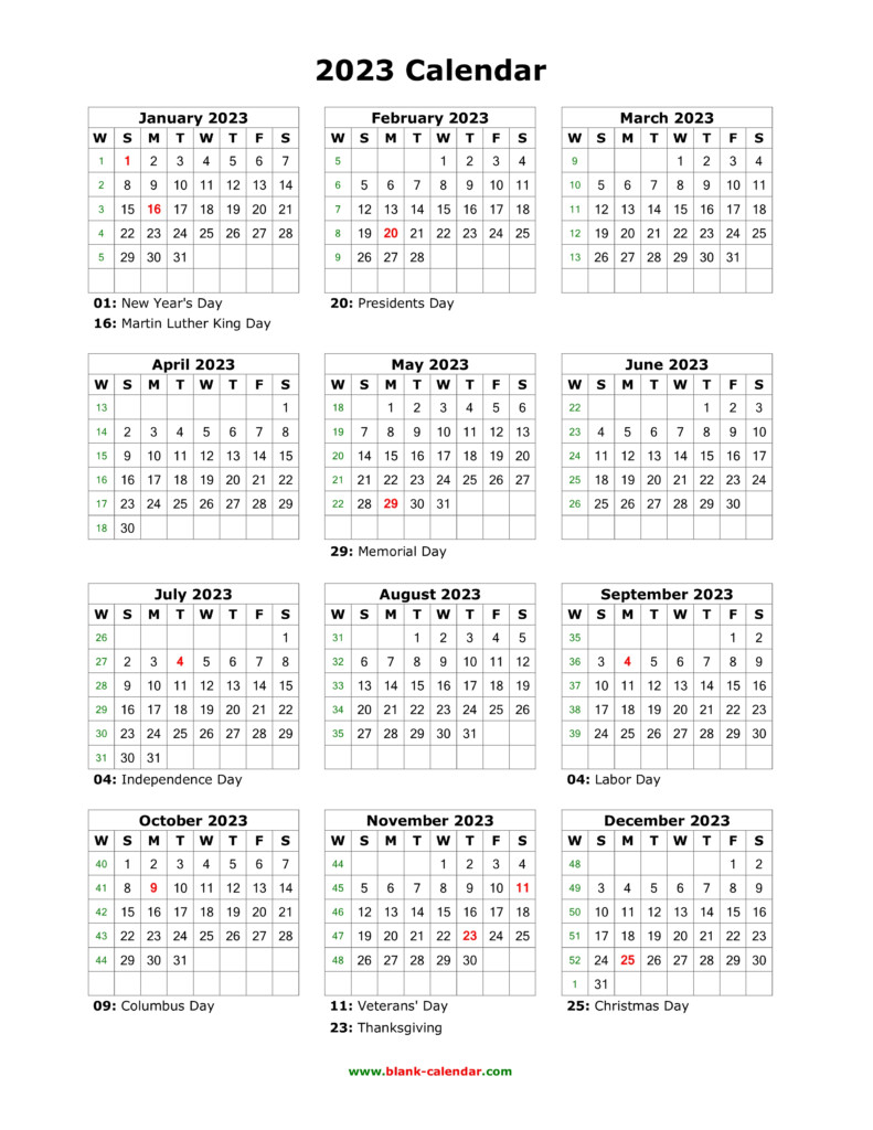 Download Blank Calendar 2023 With US Holidays 12 Months On One Page 