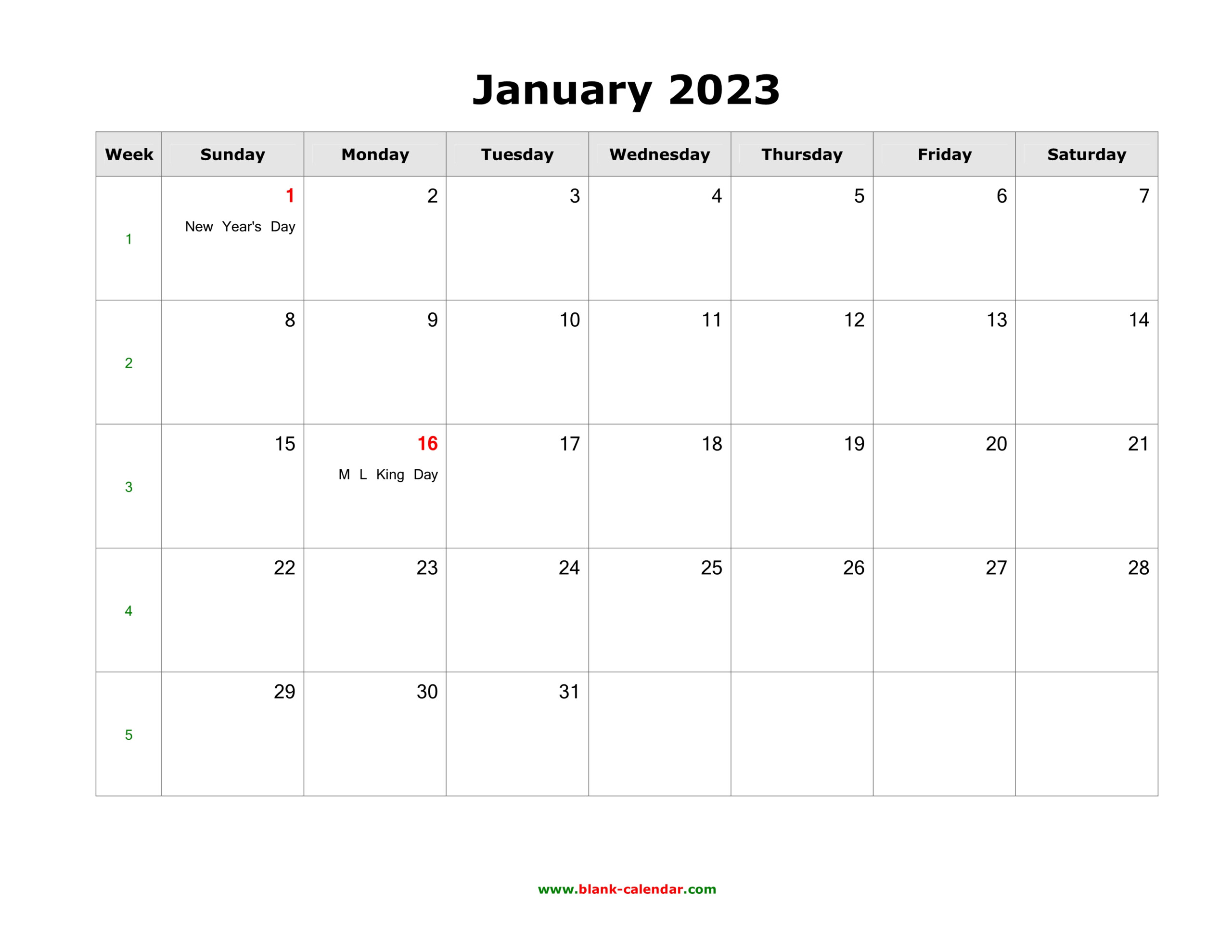 Download January 2023 Blank Calendar With US Holidays horizontal