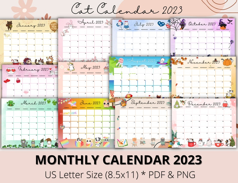Editable Cat With Holiday Calendar 2023 2022 2023 Calendar Etsy Australia