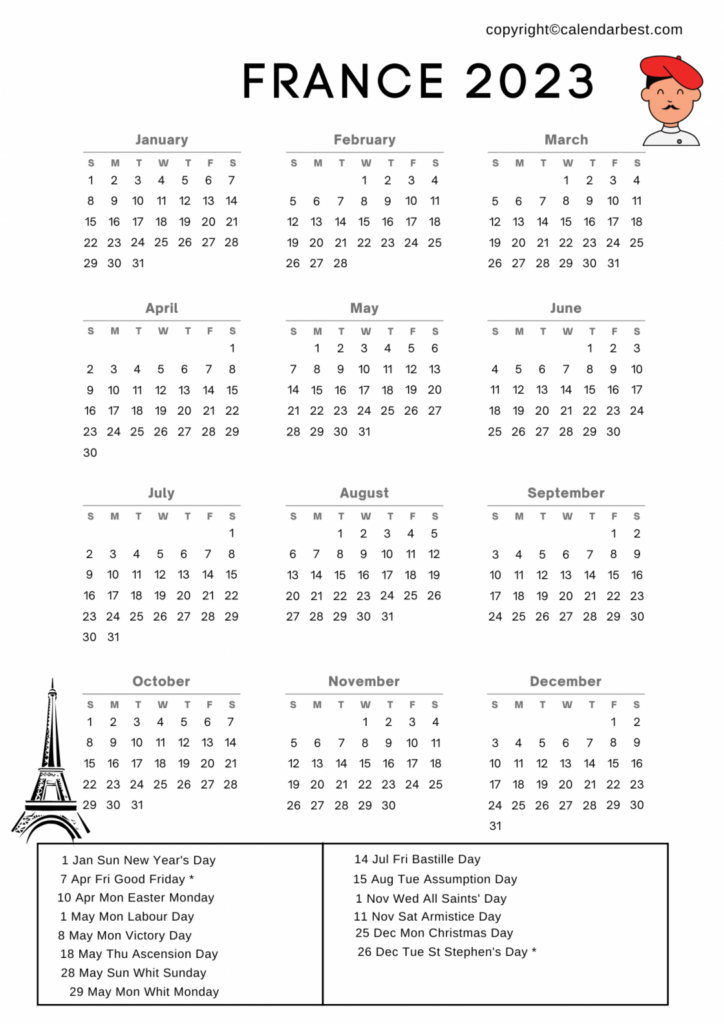 France Calendar 2023 With Holidays Free Printable In PDF