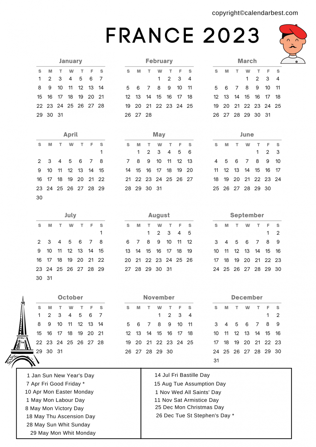 France Calendar 2023 With Holidays Free Printable In PDF