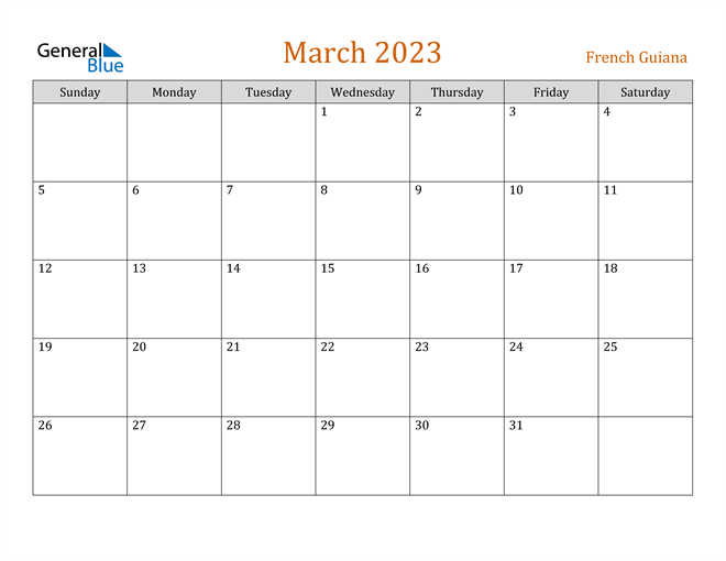 French Guiana March 2023 Calendar With Holidays