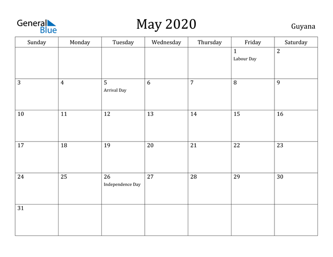 Guyana May 2020 Calendar With Holidays