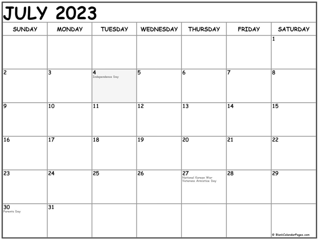 July 2023 Calendar With Holidays