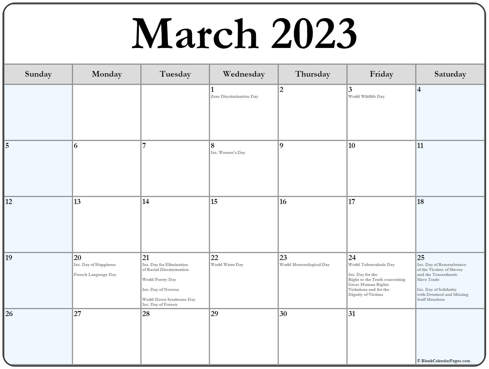 March 2023 Calendar With Holidays