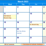 March 2023 UK Calendar With Holidays For Printing image Format