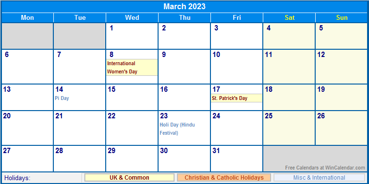 March 2023 UK Calendar With Holidays For Printing image Format 