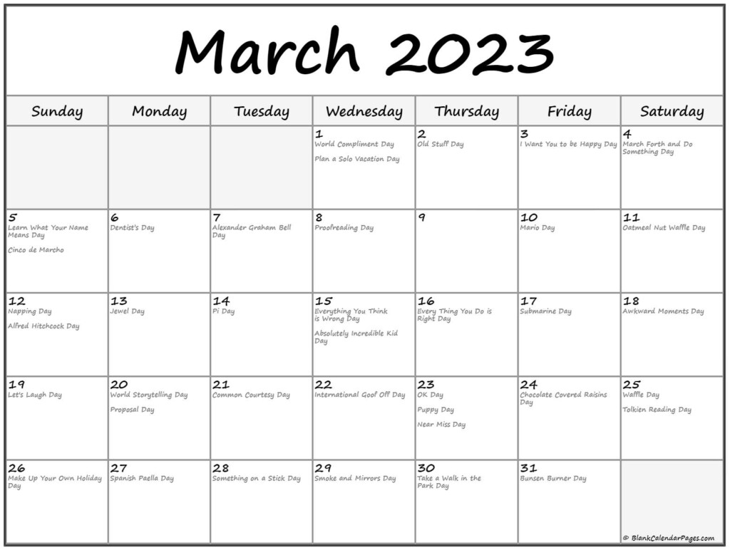 March 2023 With Holidays Calendar