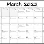 March 2023 With Holidays Calendar