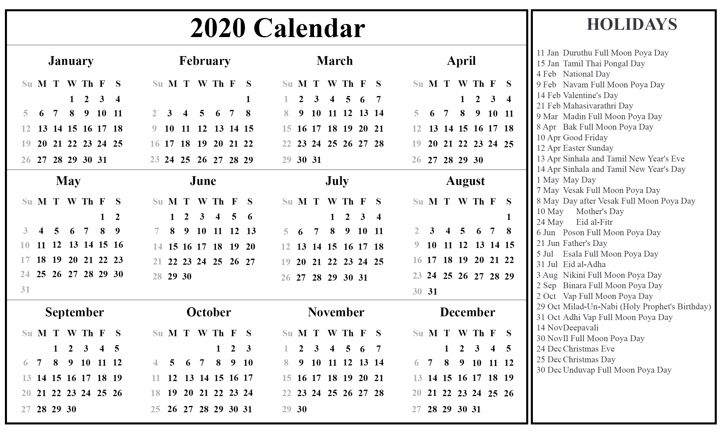 Mercantile Holidays 2021 Calendar Template Printable