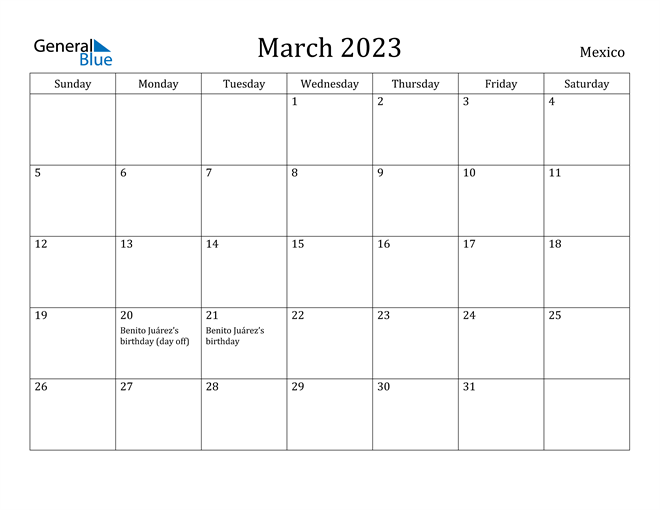 Mexico March 2023 Calendar With Holidays