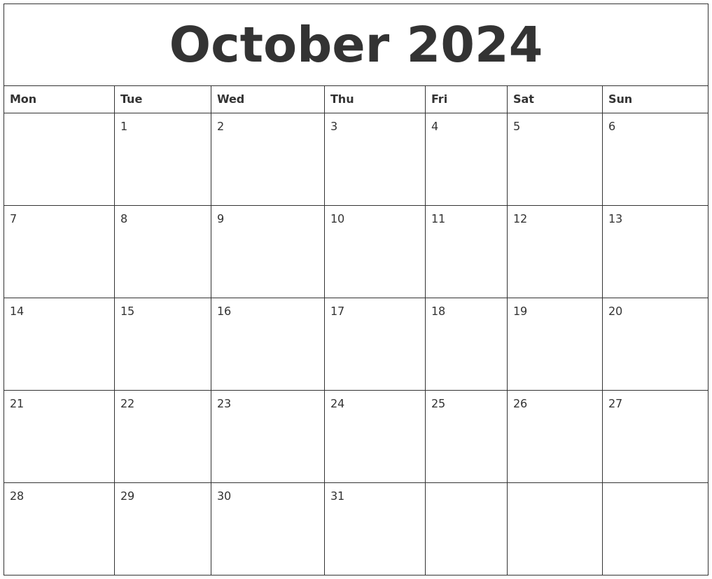 October 2024 Printable Calendar 2024 Calendar Printable