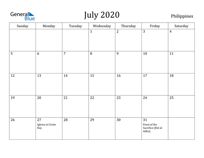 Philippines July 2020 Calendar With Holidays