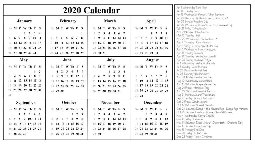 Printable 2020 Holidays India Calendar Template Printable